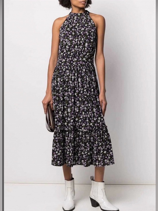 Michael Kors Dresses & Skirts - Michael Kors Floral Tiered Halter Dress Medium M Purple Black Ruffle Wedding Gst
